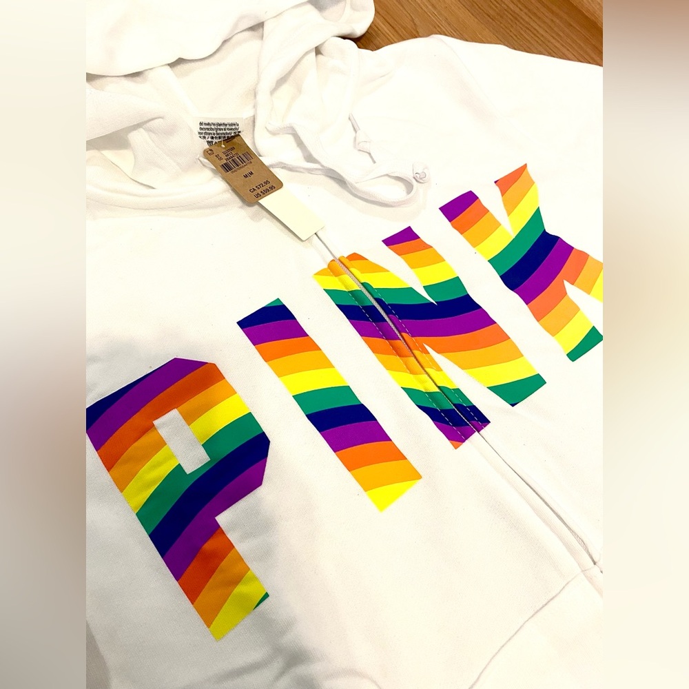 🌈NWT VS PINK RAINBOW WHITE MATCHING SET ZIP UP HOODIE / JOGGERS SIZE MEDIUM! HTF - Picture 5 of 16